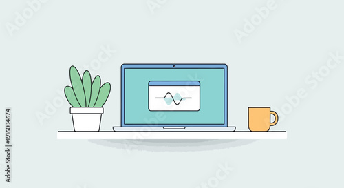 Simple flat design workspace with laptop plant and coffee mug perfect for web app and business conce