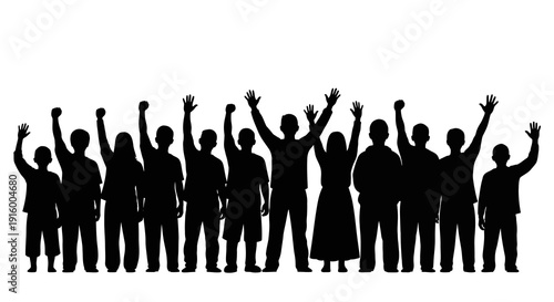 Vector illustration of a diverse group of people in black silhouette celebrating with raised hands, promoting social justice and equality on World Day of Social Justice, against a clean