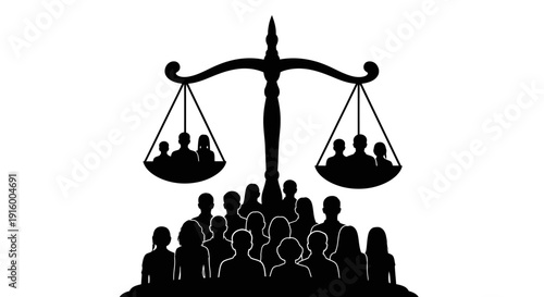 A black silhouette illustration of a scale balancing people under a building with a tree, representing world day of social justice and equality with a focus on legal protection and access