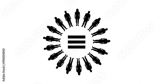 Black silhouette illustration of diverse people forming a sun shape around an equality symbol on World Day of Social Justice, promoting gender equality and social welfare.