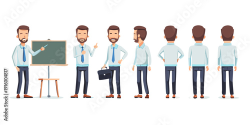 Male teacher near school board. Character constructor for animation. Front, side and back view set. Body parts, postures, poses collection. Vector ... See More
