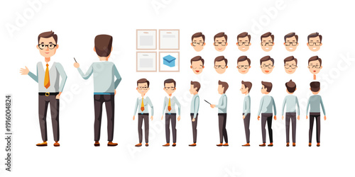 Male teacher near school board. Character constructor for animation. Front, side and back view set. Body parts, postures, poses collection. Vector ... See More