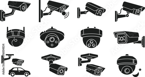 Security camera surveillance system icons set, CCTV cad drawing flat vector illustration isolated on white background