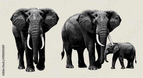 Two adult elephants and a baby elephant stand together.