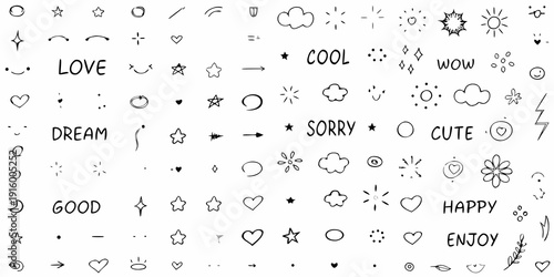 A collection of hand drawn doodles words and symbols on a white background
