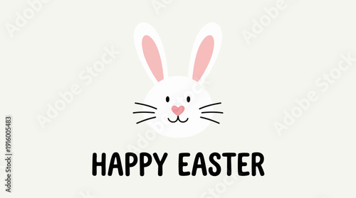 Cute Easter bunny face vector illustration with pink ears, heart nose, whiskers, festive holiday greeting design, minimalist style, Happy Easter text seasonal decor vector graphic