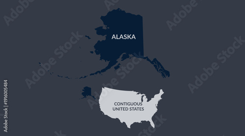 Alaska size comparison vector illustration with contiguous United States overlay, geographic scale design, educational cartography, spatial relationship map, bold labeled regions, informative learning