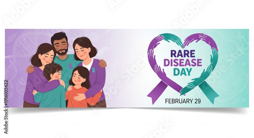 Rare disease day awareness campaign with diverse family and purple green ribbon symbol