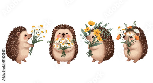 Adorable hedgehogs holding bouquets of wildflowers in a charming watercolor style.