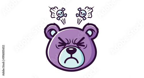 Angry purple bear with skull steam coming from its head.