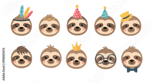 Set of cute sloth faces with various accessories and expressions.