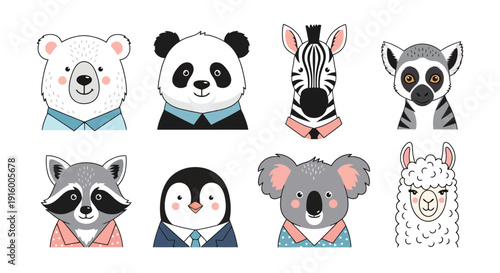 Collection of eight adorable cartoon animal portraits, each dressed in a unique, stylish outfit, perfect for childrens designs.