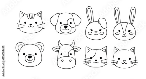 Adorable collection of hand-drawn animal faces perfect for childrens coloring books and cute designs.