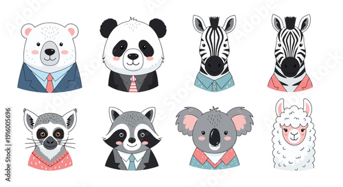 Collection of eight adorable animal portraits dressed in business attire, including a polar bear, panda, zebra, lemur, raccoon, koala, and llama.