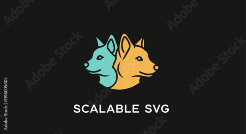 Two stylized dog heads facing opposite directions vector illustration.