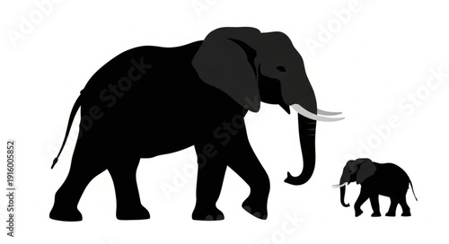 Two Elephants Silhouette Walking Together Side By Side.
