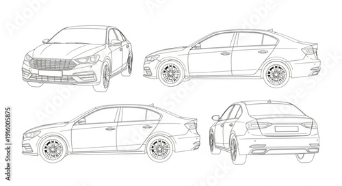 Set of four car sketches from different angles.