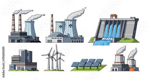Set of different power generation plants and renewable energy sources.