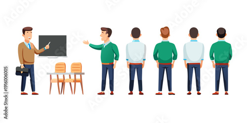Isolated a kinds of deferent Male teacher near school board. Character constructor for animation. Front, side and back view set. Body parts, postures, poses collection. vector art .
