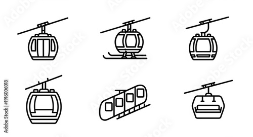 Set of six cable car icons in a clean line art style.