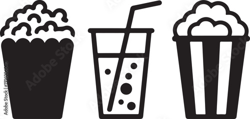 Monochrome illustrations of popcorn and beverage cups representing cinema refreshments