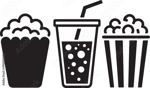Monochrome illustrations of popcorn and beverage cups representing cinema refreshments