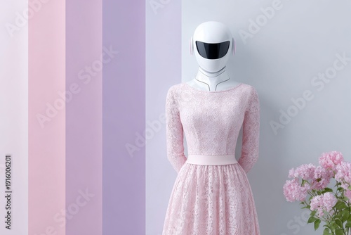 a robot in a pink lace dress, against a pastel colored background