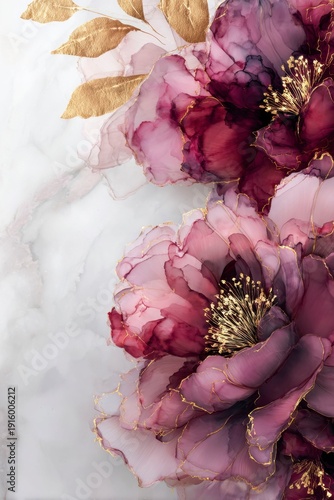 alcohol ink with a gold leaf edge on metal, a delicate floral pattern of pink and burgundy peonies on a marble background