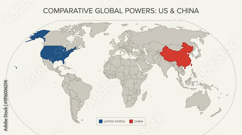 World Map Vector – Comparative Global Powers Highlighting United States in Blue and China in Red, Geopolitical Influence, International Relations, Neutral Gray Background Graphics