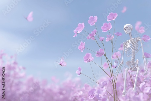 a skeleton made of flowers, dancing in the air, with butterflies flying around it. a colorful, pink field full of flowers, against a blue sky.