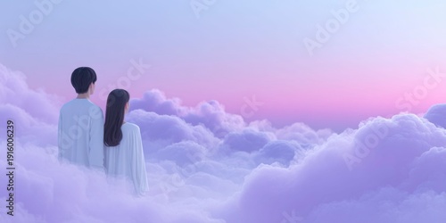 a man and woman in the clouds, a romantic atmosphere, with dreamy pastel colors, a cloud background