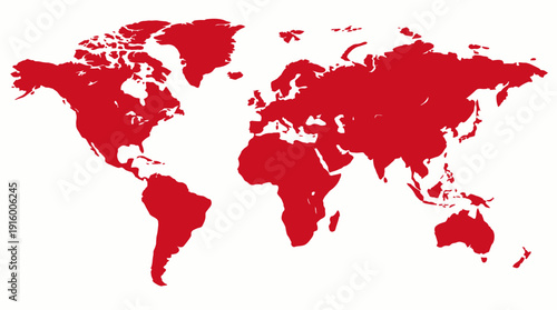 World Map Vector – Red Silhouette of Continents on White Background, Simplified Global Geography Representation, Educational, Informational, and Design Graphics