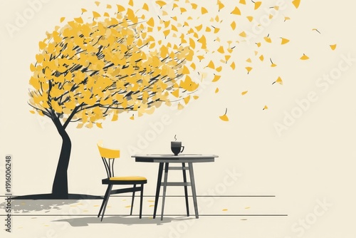 ginkgo tree, yellow leaves falling in the wind, outdoor cafe table with a coffee cup on it.