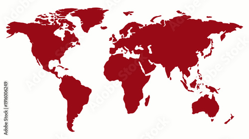 World Map Vector – Red Silhouette of Continents on White Background, Simplified Global Geography Representation, Educational, Informational, and Design Graphics