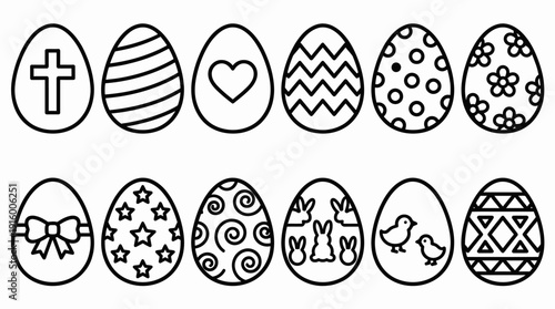 Easter Eggs Vector – 12 Black and White Decorative Designs with Cross, Stripes, Heart, Zigzag, Polka Dots, Flowers, Bow, Stars, Bunny, Chicks, Geometric Patterns
