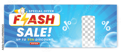 A promotional banner advertising a flash sale with a discount of up to 50% on a black electronic device