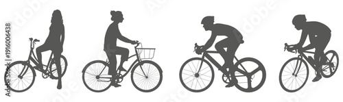 Cyclist silhouettes riding road bikes in dynamic action poses
