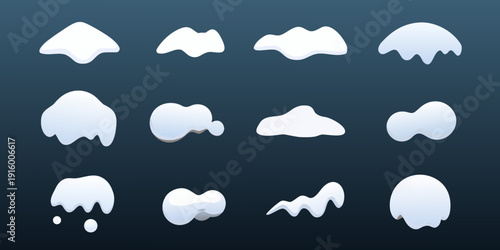 An assortment of stylized white cloud shapes against a dark blue background
