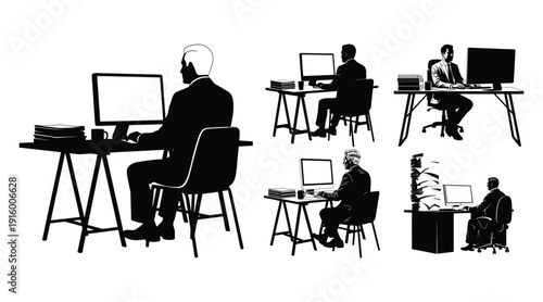 It consultant silhouette working at desk with computer