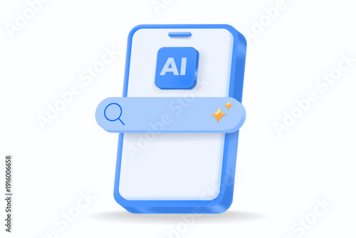 3D smartphone interface with AI icon and search bar, with artificial intelligence search, smart assistant technology, machine learning app