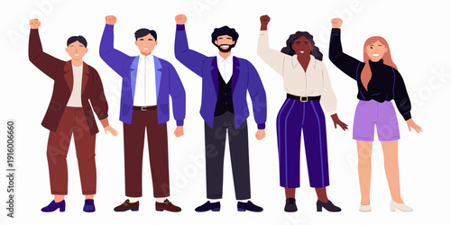 Diverse group of people raising their arms in a celebratory gesture