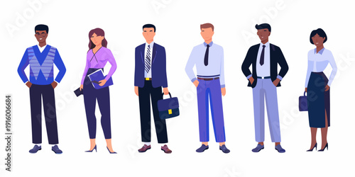 Diverse group of professionals standing in a row showcasing modern business attire