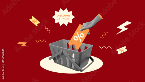 halftone collage a shopping basket with a hand dropping a discount coupon, and percent discount icon