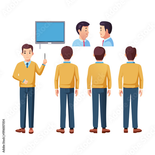 Isolated a kinds of deferent Male teacher near school board. Character constructor for animation. Front, side and back view set. Body parts, postures, poses collection. vector art .

