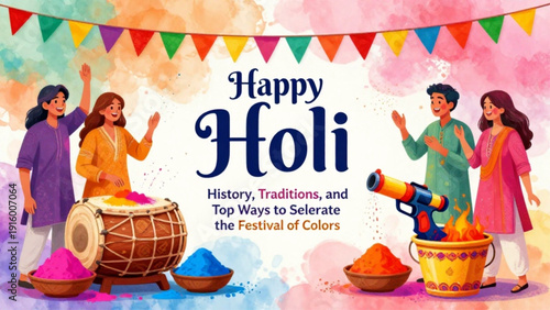 Colorful Happy Holi festival banner featuring joyful people playing with traditional colors and musical instruments. Ideal for festive social media posts, greeting cards, and event promotions.