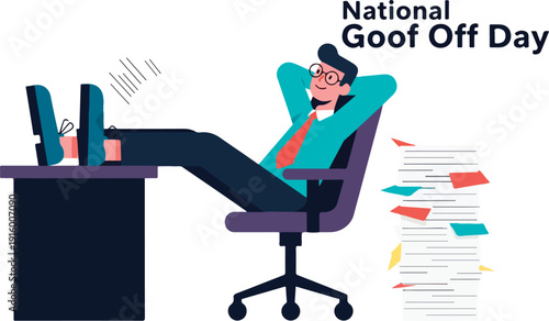 Smiling businessman relaxes on National Goof Off Day with feet on desk