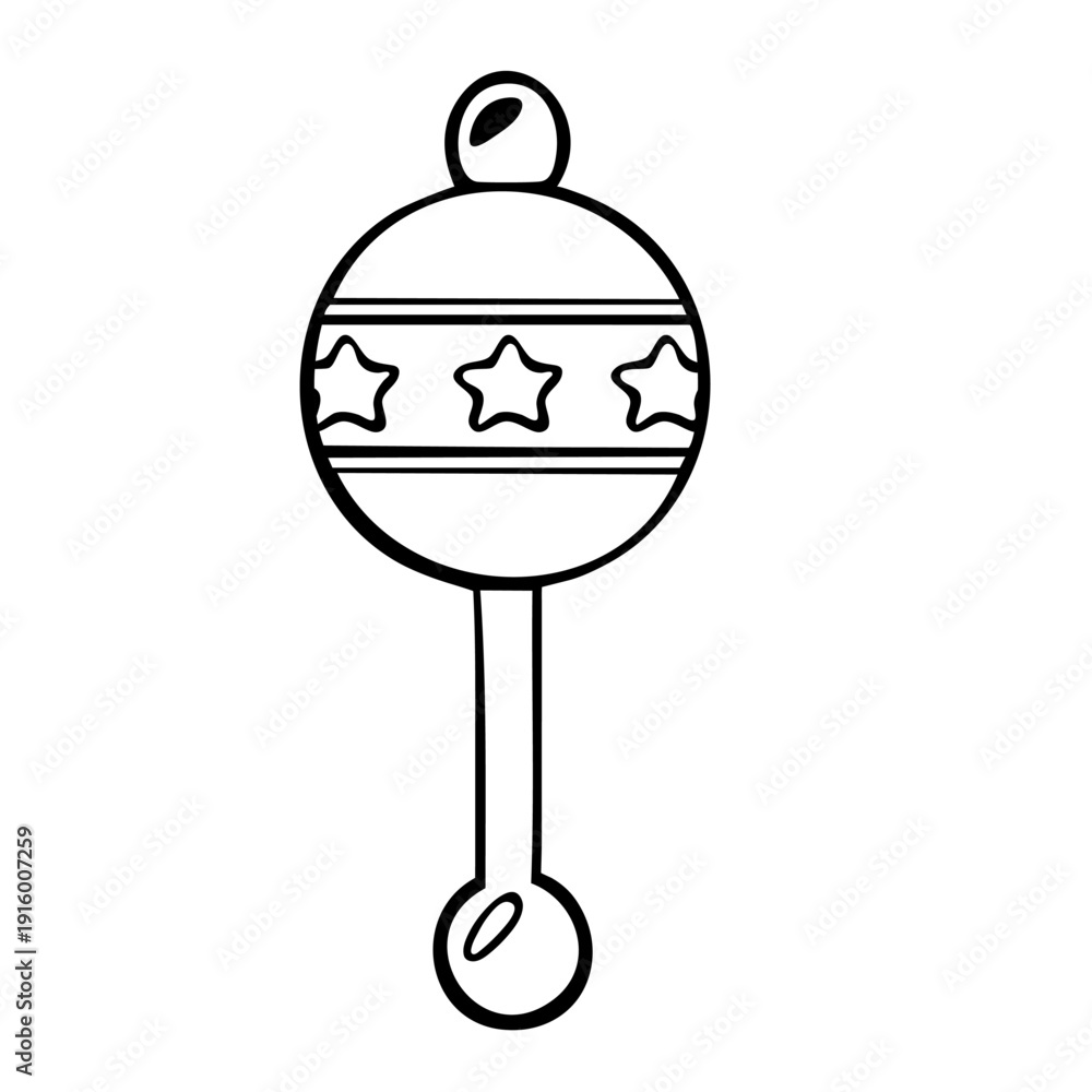 Obraz premium Baby rattle toy simple outline style, circular top with star band, long handle ending with bead, bold black