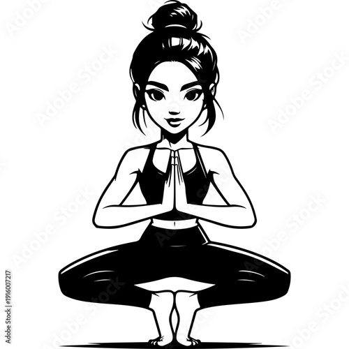 Cute girl in deep squat prayer pose, hands together, bun hair, big eyes, smile, sport top and shorts, black and white vector yoga kid illustration mascot