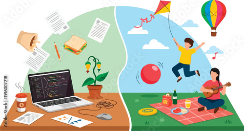 Conceptual illustration highlighting work life balance with coding at desk and carefree picnic