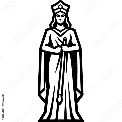 Crowned harvest goddess holding wheat sheaf, laurel like crown, long robes, serene face, black and white vector illustration, Demeter or Ceres style agriculture symbol mascot